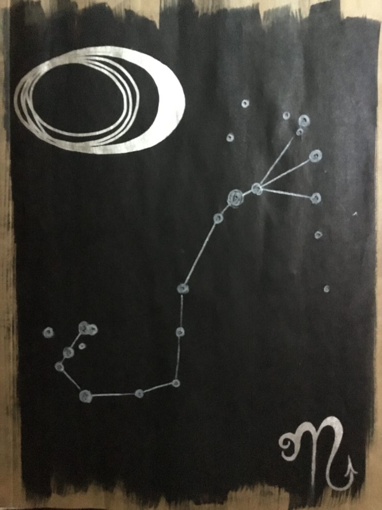 Scorpio constellation art page, silver ink on black