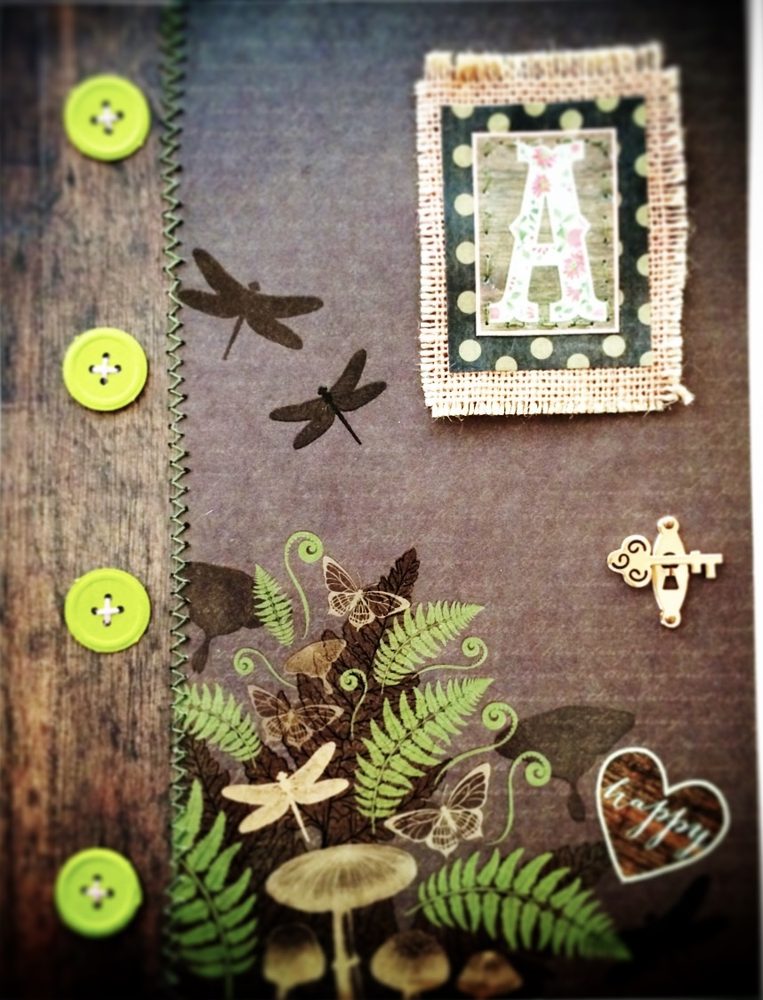 Handstitched journal cover with ferns, dragonflies and a burlap monogram