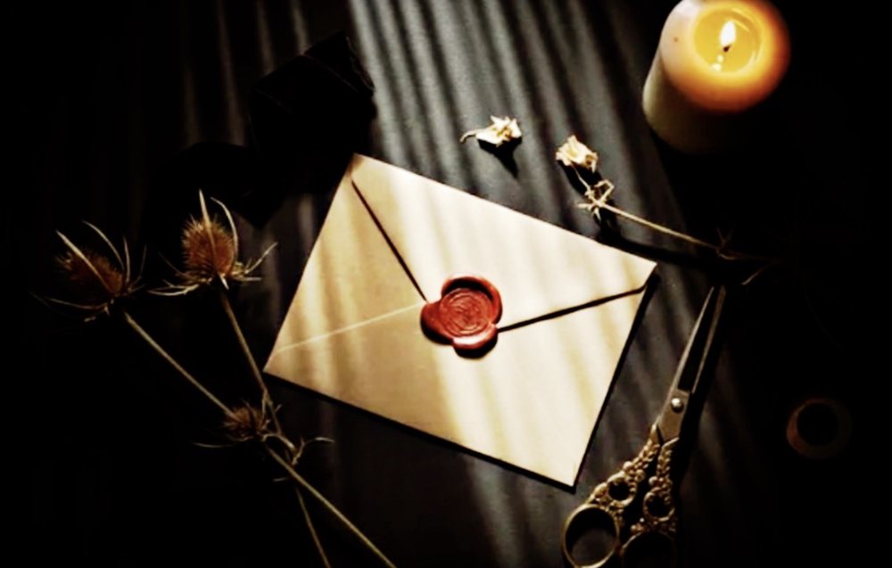 A cream envelope sealed with red wax beside a lit candle
